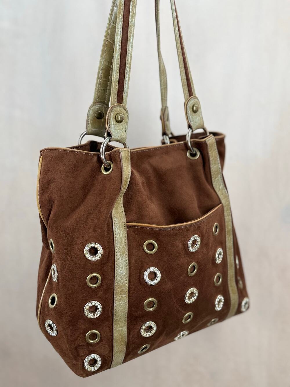 Vintage Y2K Kathy Van Zeeland Brown Faux Suede Grommet Tote Bag